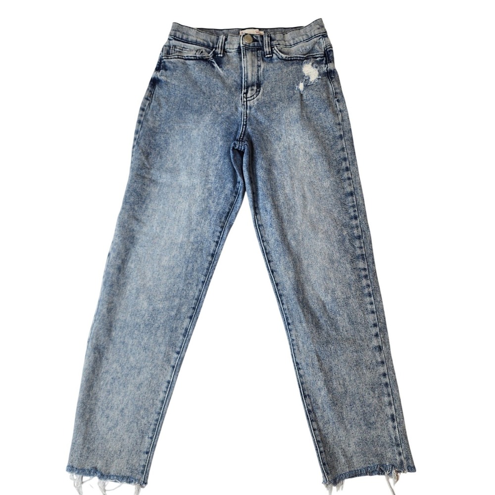 SO High Rise Mom Jeans 3/26W Blue‎ Acid Wash Distressed Raw Hem Vintage Style